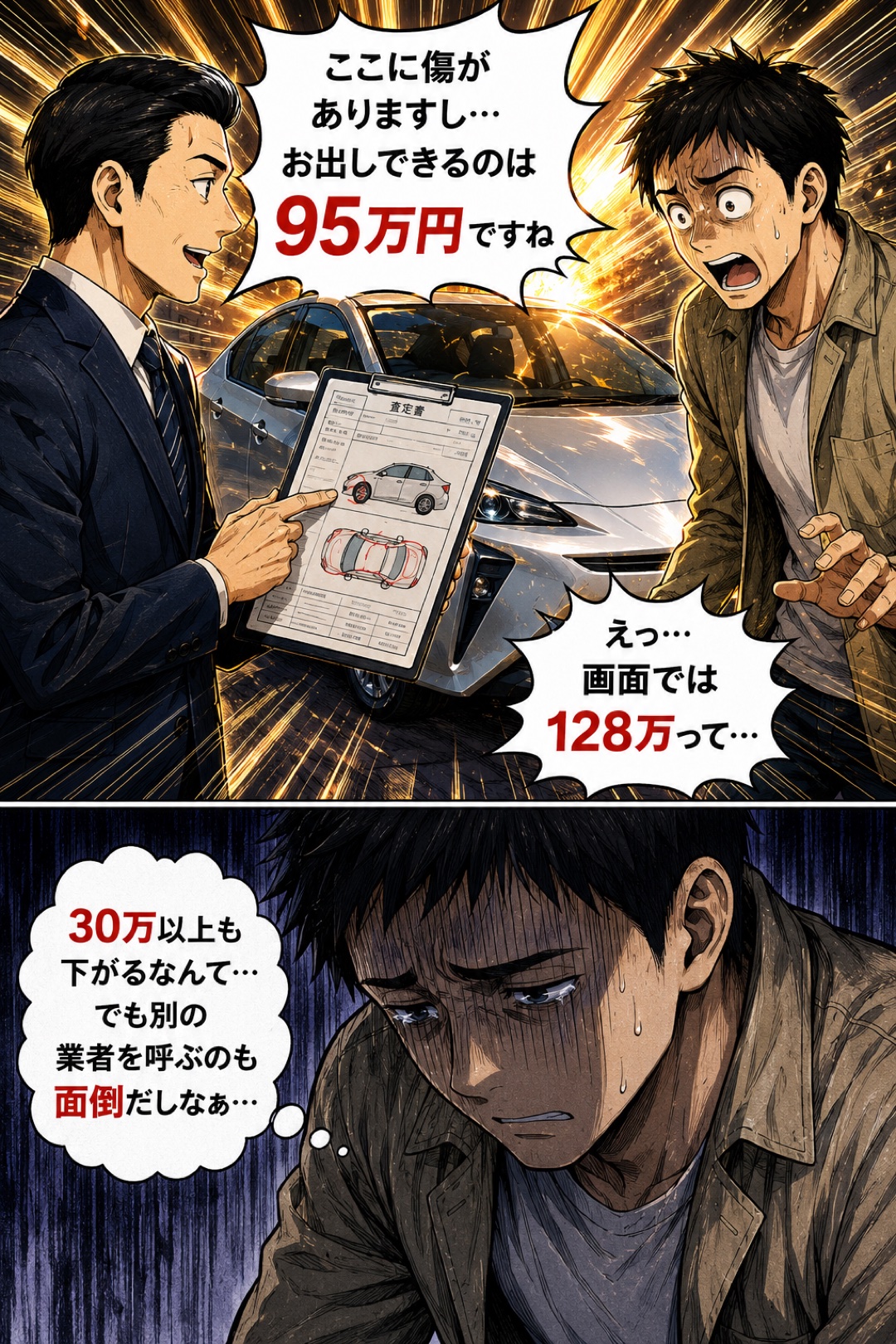 現地査定で95万円に減額され落胆するゴウ