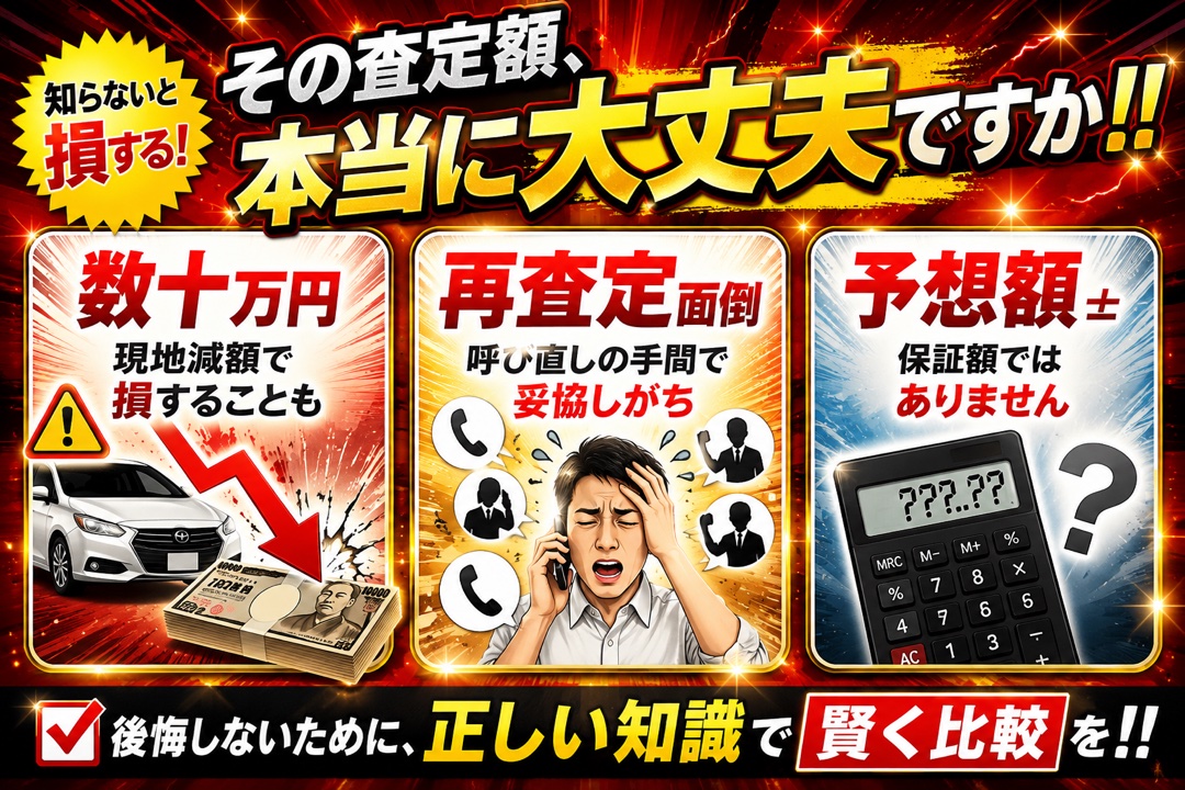 その査定額、本当に大丈夫ですか。数十万円の現地減額・再査定の面倒・予想額は保証額ではない。後悔しないために正しい知識で賢く比較を